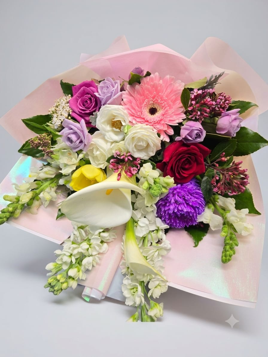 Florist choice bouquet with mixed flowers including roses, gerberas, calla lilies and more